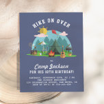 Modern Navy Blue Camping Birthday Party Invitation Postcard<br><div class="desc">A cute camping scene with pine trees, a tent, a barbecue, a picnic basket, a guitar, a log fire, a volleyball, a sunlounger and beach umbrella, a suitcase, a radio and a kite. See if you can find all of the elements! The background is navy blue. "HIKE ON OVER" is...</div>