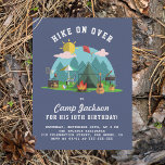 Modern Navy Blue Camping Birthday Party Invitation Postcard<br><div class="desc">A cute camping scene with pine trees, a tent, a barbecue, a picnic basket, a guitar, a log fire, a volleyball, a sunlounger and beach umbrella, a suitcase, a radio and a kite. See if you can find all of the elements! The background is navy blue. "HIKE ON OVER" is...</div>