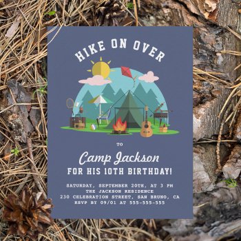 Modern Navy Blue Camping Birthday Party Invitation Postcard by Cali_Graphics at Zazzle