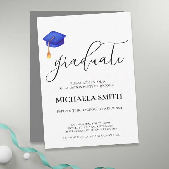 Modern Navy Blue Cap High School Graduation Party  Invitation (Modern Navy Blue Cap High School Graduation Party Invitation)