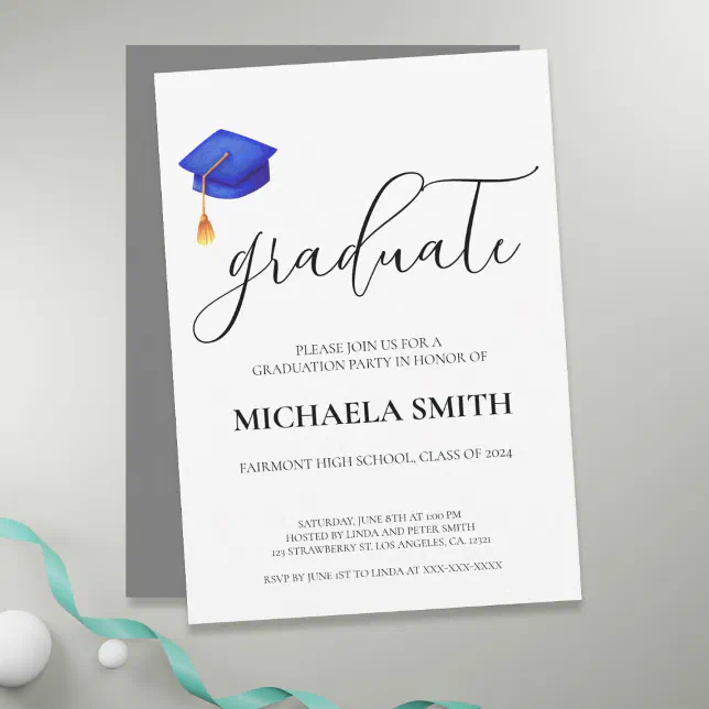 Modern Navy Blue Cap High School Graduation Party Invitation | Zazzle