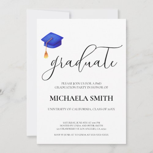 Modern Navy Blue Cap PhD Graduation Party  Invitation