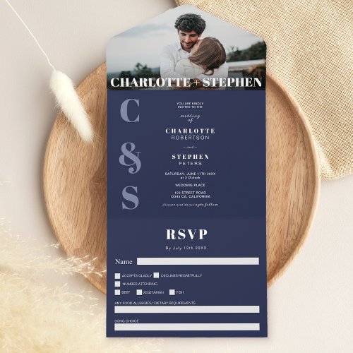 Modern navy blue casual initials photo wedding all in one invitation