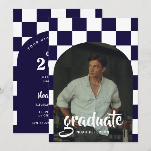 Modern Navy Blue Checkered Arch Photo Graduation Invitation