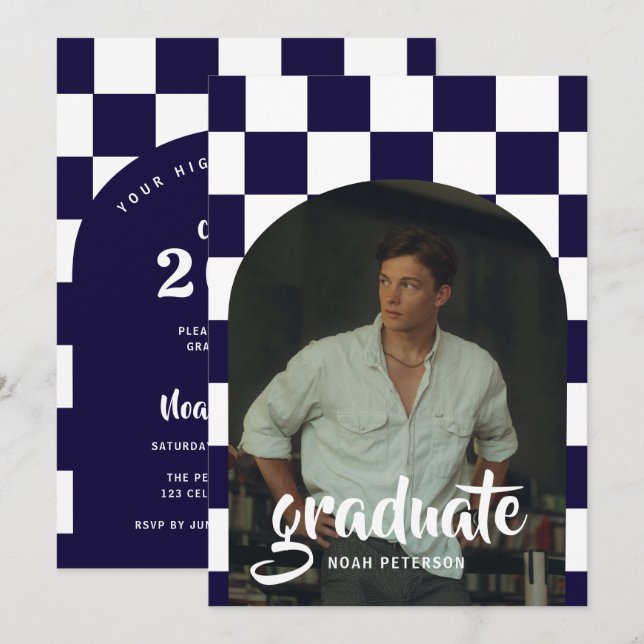 Modern Navy Blue Checkered Arch Photo Graduation Invitation (Front/Back)