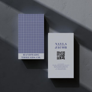 Modern Navy Blue Checkered Pattern QR Code Business Card