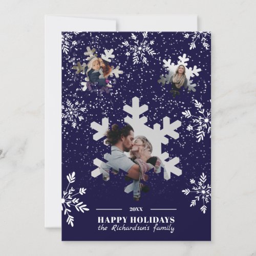 Modern navy blue chic Christmas snowflakes photo Holiday Card