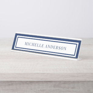 Modern Navy Blue Chic Double Boarder Elegant  Desk Name Plate