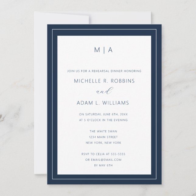 Modern Navy Blue Chic Rehearsal Dinner Invitation (Front)