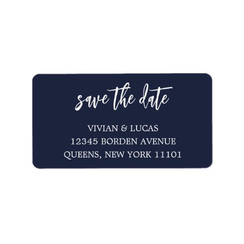 Modern Navy Blue Chic Script Save The Date Label