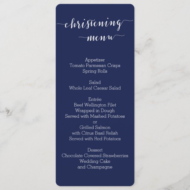 Modern Navy Blue Christening Menu Cards (Front)