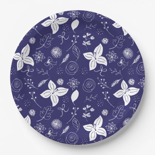 Modern Navy Blue Christmas  Paper Plates (Front)