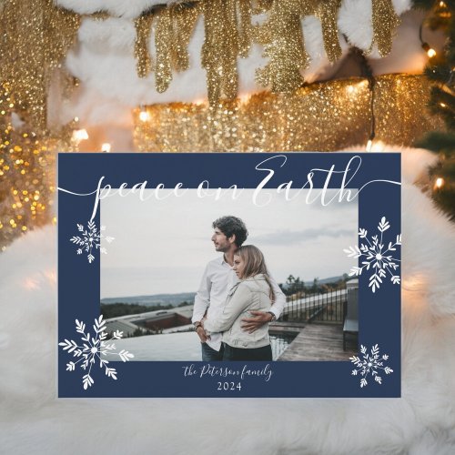 Modern navy blue Christmas script snowflakes photo Holiday Card