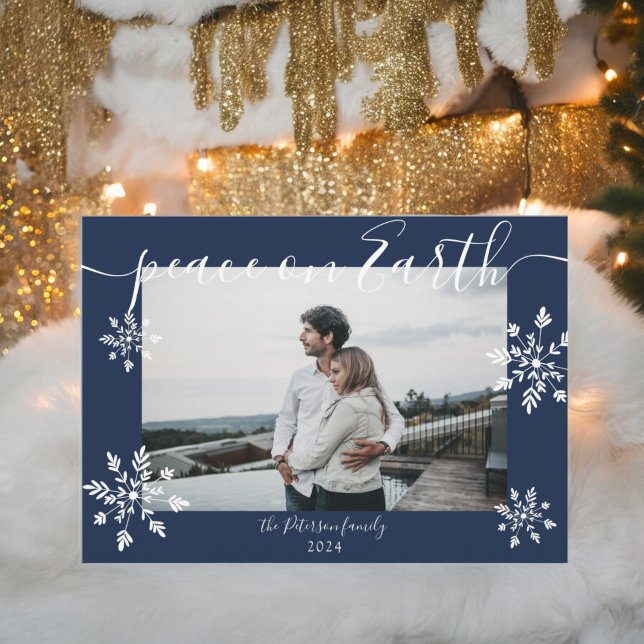 Modern navy blue Christmas script snowflakes photo Holiday Card (Modern navy blue Christmas script snowflakes photo Holiday Card)