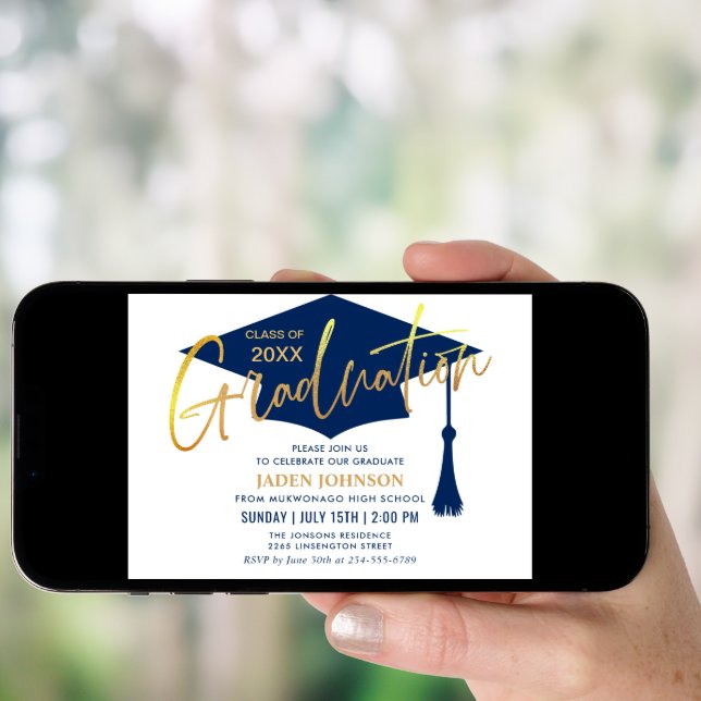 Modern Navy Blue Class of 2026 Graduation Party Invitation (Front Digital)