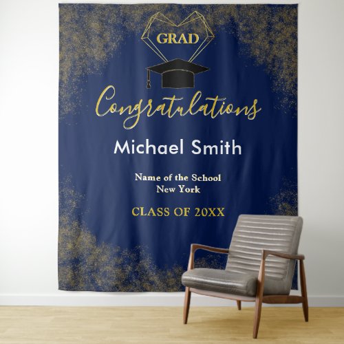 Modern Navy Blue Classy Gold Grad Photo Backdrop 