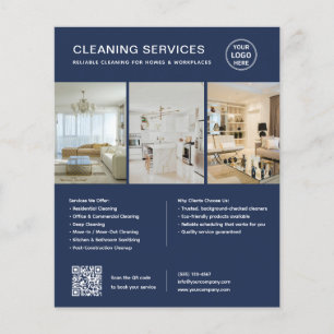 Modern Navy Blue Cleaning Services QR Business Flyer