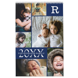 Modern Navy Blue Color Block Family Photo Collage Calendar