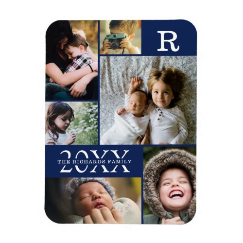 Modern Navy Blue Color Block Family Photo Collage Magnet