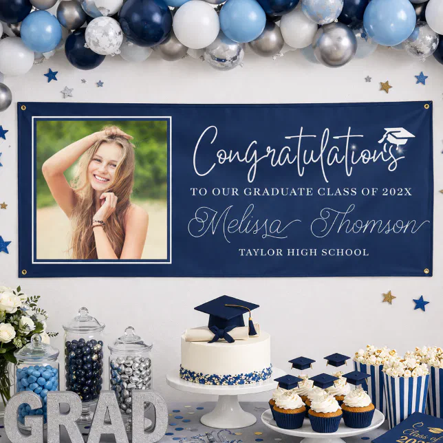 Modern Navy Blue Congratulations Graduate Photo Banner | Zazzle