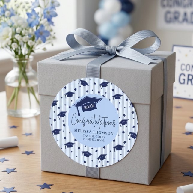 Modern Navy Blue Congratulations Graduation Name Classic Round Sticker (Creator Uploaded)