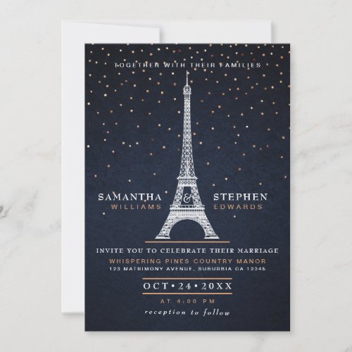 Modern Navy Blue  Copper Paris Night Sky Wedding Invitation