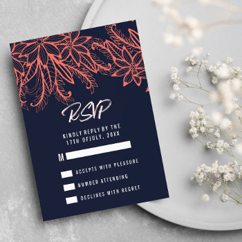 Modern Navy Blue Coral Summer Floral Wedding Rsvp by girly_paradise at Zazzle