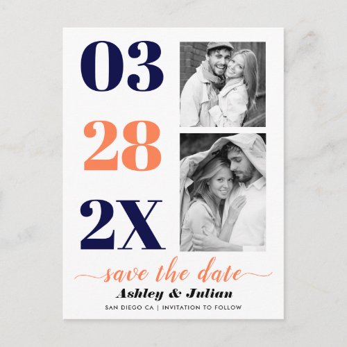 Modern navy blue coral two photo Save the Date Postcard