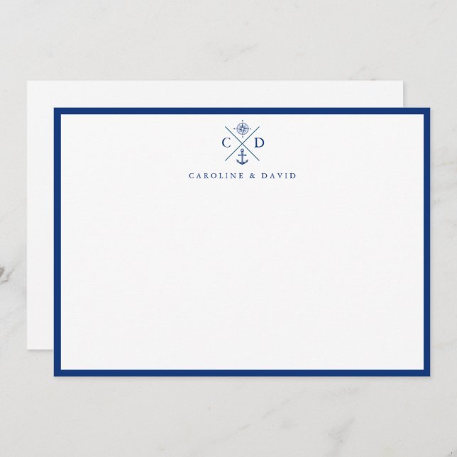 Modern Navy Blue Couple's Nautical Flat Note Card (Front/Back)