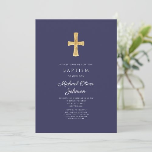 Modern Navy Blue Cross Boy Baptism Invitation