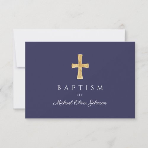 Modern Navy Blue Cross Boy Baptism  RSVP Card