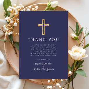 Modern Navy Blue Cross Boy Baptism Thank You Card