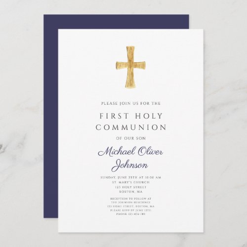 Modern Navy Blue Cross Boy First Communion Invitation