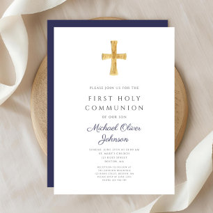 Modern Navy Blue Cross Boy First Communion Invitation
