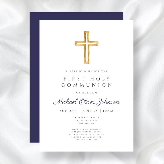 Modern Navy Blue Cross Boy First Communion Invitation (Modern Navy Blue Cross Boy First Communion Invitation)