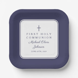 Modern Navy Blue Cross Boy First Communion Paper Plates