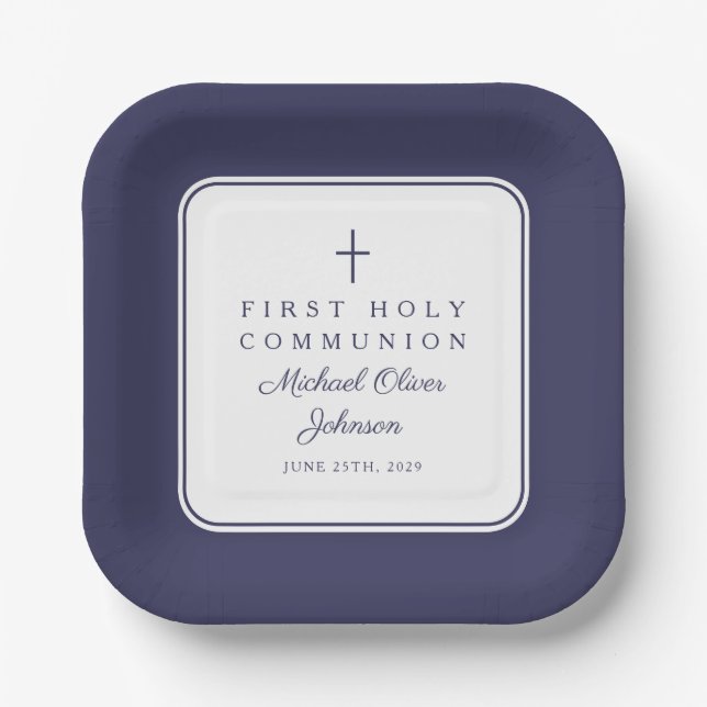 Modern Navy Blue Cross Boy First Communion Paper Plates (Front)