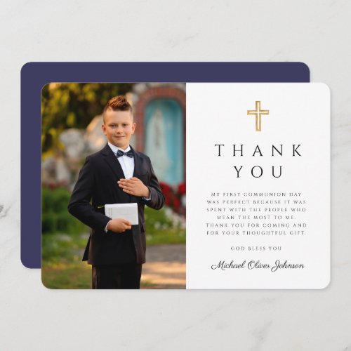 Modern Navy Blue Cross Boy First Communion Photo Thank You Card