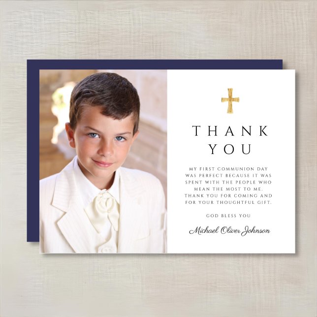 Modern Navy Blue Cross Boy First Communion Photo Thank You Card (Modern Navy Blue Cross Boy First Communion Photo Thank You Card)