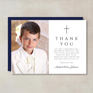 Modern Navy Blue Cross Boy First Communion Photo Thank You Card