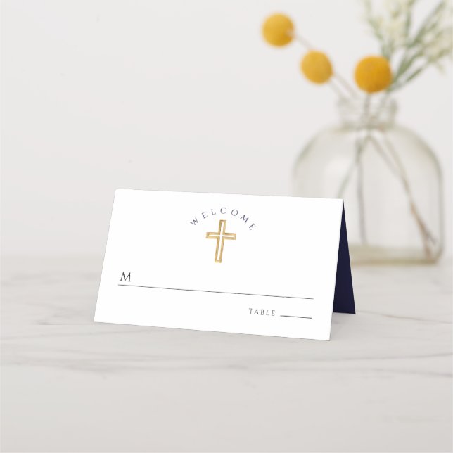 Modern Navy Blue Cross Boy First Communion  Place Card (Front)