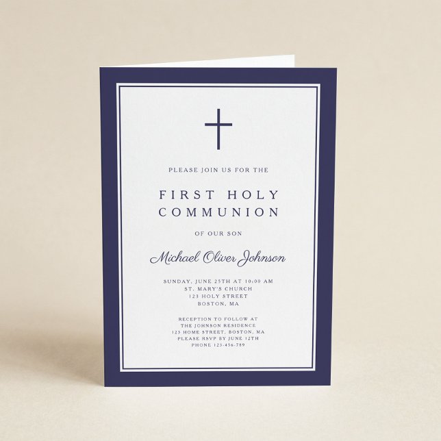 Modern Navy Blue Cross Boy First Holy Communion Invitation (Creator Uploaded)