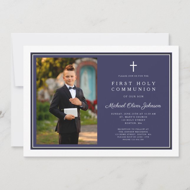 Modern Navy Blue Cross Boy Photo First Communion Invitation (Front)