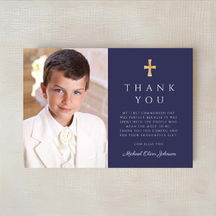 Modern Navy Blue Cross Boy  Photo First Communion Thank You Card