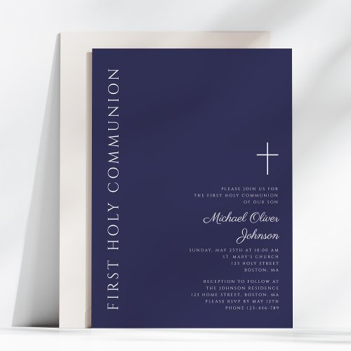 Modern Navy Blue Cross First Communion Invitation