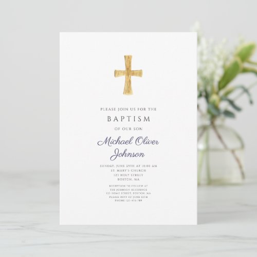 Modern Navy Blue Cross Religious Boy Baptism Invitation