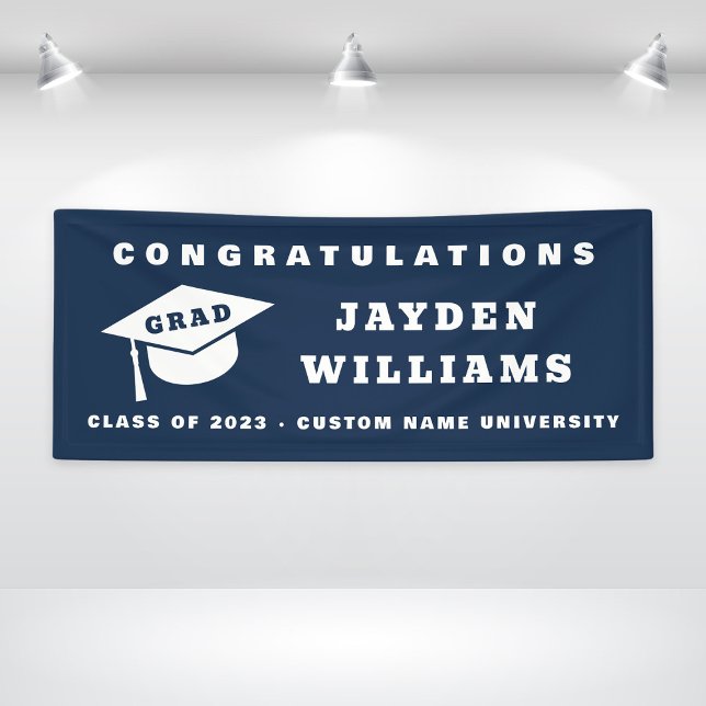 Modern Navy Blue Custom Boy Graduation Party Banner (Simple Modern Grad Cap Navy Blue Graduation Party Banner
)