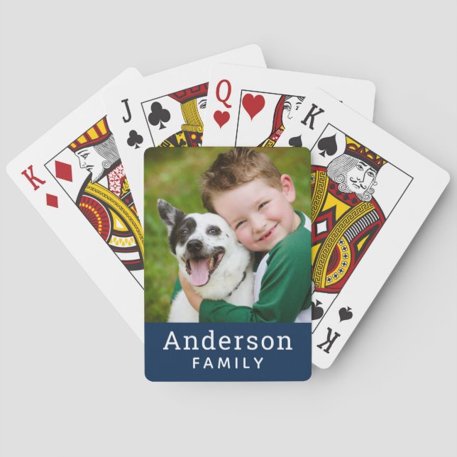 Modern Navy Blue Custom Family Photo Playing Cards (Back)
