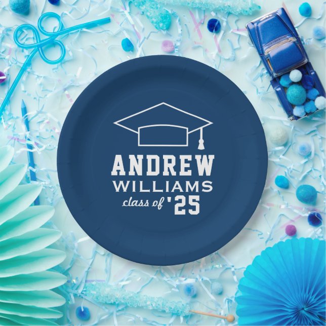 Modern Navy Blue Custom Graduation Party Paper Plates (Party)
