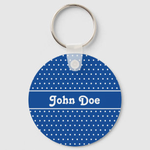Modern Navy Blue Custom Name Polka Dot Keychain